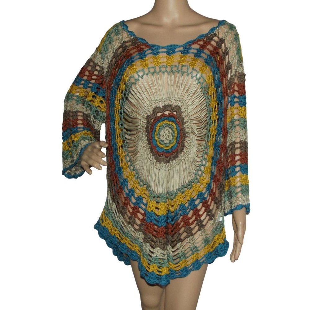Roz & Ali Crochet Flower Top Plus 2X teal green brown gold orange xxl tunic